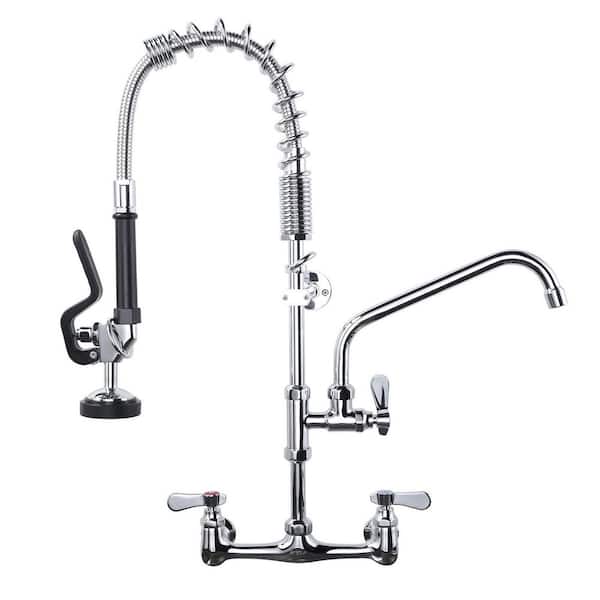 Wall Mount Triple Handle Pull Down Sprayer Kitchen Faucet with Pre-Rinse Sprayer with Advanced Spray in Polished Chrome