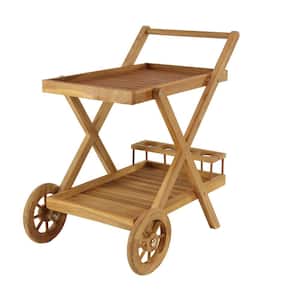32 in. H Brown Indoor Outdoor Rolling 2 Shelves Bar Cart with Wheels and Handle