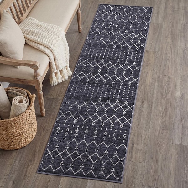 Leila Moroccan Diamond Trellis Machine-Washable Dark Gray/Ivory 2 ft. x 8 ft. Runner Rug