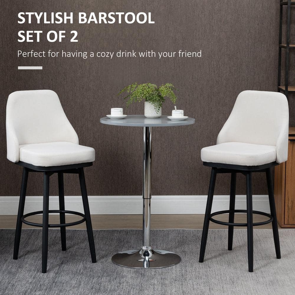 Cream White Swivel Barstools with Steel Legs and Footrest - Set of 2
