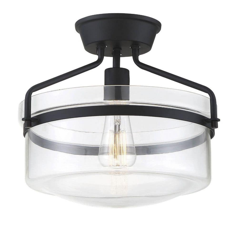 Gardner Matte Black Drum Glass Semi-Flush Ceiling Light