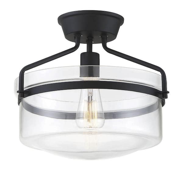 TUXEDO PARK LIGHTING 13.25 in. W x 11 in. H 1-Light Matte Black Semi-Flush Mount Ceiling Light with Clear Glass Shade