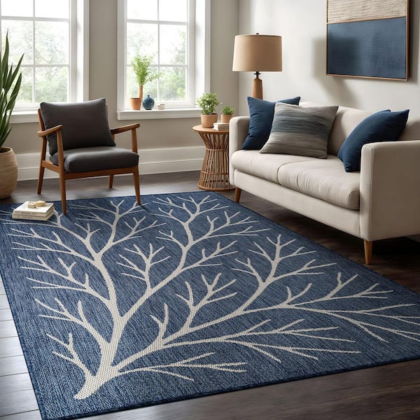 Flora Blue 6 ft. x 9 ft. Coral Branch Washable Indoor Outdoor Area Rug