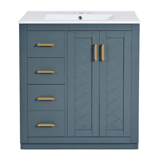 30 in. Single Sink Freestanding Blue Bath Vanity with White Ceramic Top, Amber Storage, Solid Wood Frame