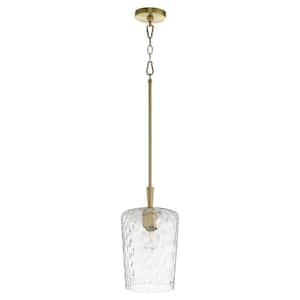 GOODWIN 8 in. 1-Light 100-Watt Pendant Light with a Clear Hammered Glass Aged Brass