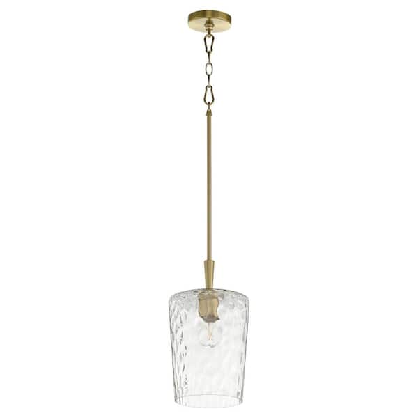 Quorum GOODWIN 8 in. 1-Light 100-Watt Pendant Light with a Clear Hammered Glass Aged Brass