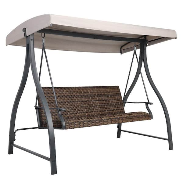 3-Seat Metal Patio Swing with Plastic Rattan Wicker Cushions and Brown Adjustable Canopy