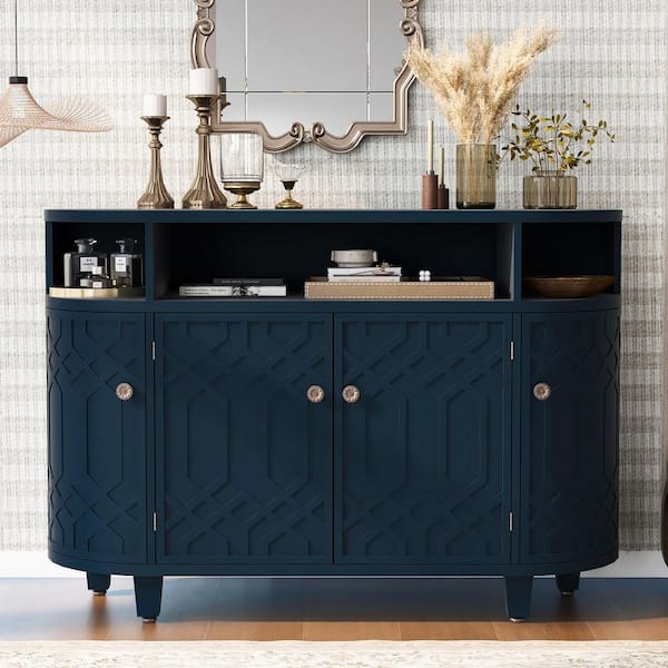 Navy Blue MDF 48 in. W Curved Sideboard with Four Doors and Adjustable Shelves