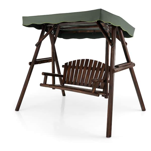 Gymax 2 Person Natural Wooden Garden Patio Swing Bench Chair With Adjustable Cover for Garden Porch
