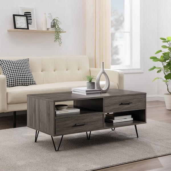 Walker Edison Furniture Company 42 in. Slate Grey Rectangle Wood Mid-Century Modern Coffee Table with 2 Drawers