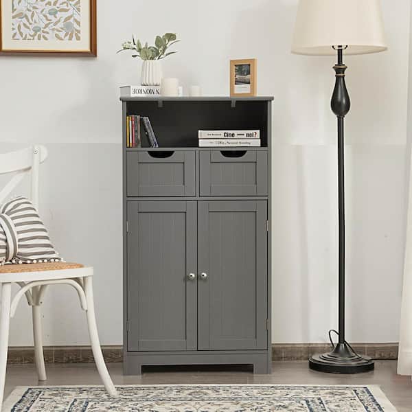 Gray Wooden Floor Storage Cabinet For Livingroom Bathroom Office w/Open Shelf, 2 Doors and 2 Drawers