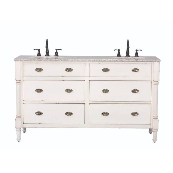 Home Decorators Collection Fallston 61 in. W x 22 in. D Double Bath Vanity in Weathered Ivory with Granite Vanity Top in Grey with White Sink