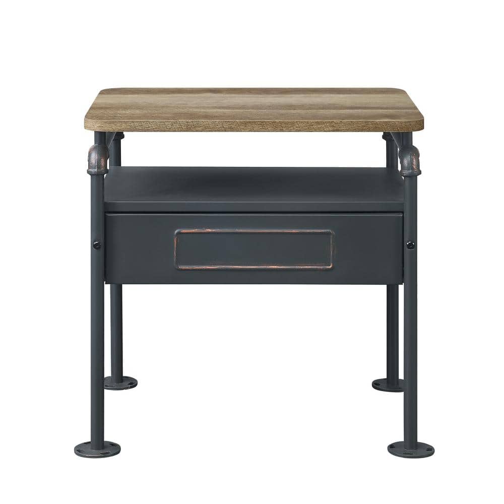 Industrial Oak and Gray Metal Nightstand with Drawer and Shelf