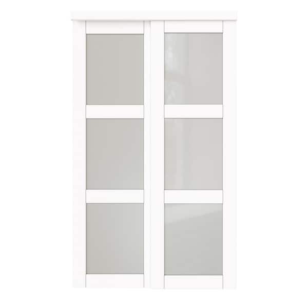 48 in. x 96 in. 3 Lite White Tempered Frosted Glass Closet Sliding Door with Hardware