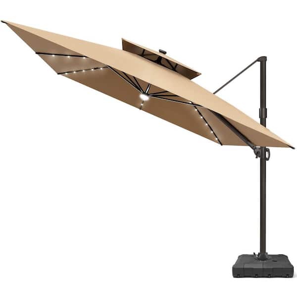 Solar LED 2-Tier 11 ft. Square 360° Rotation Cantilever Patio Umbrella with 220 lbs. Umbrella Base in Tan