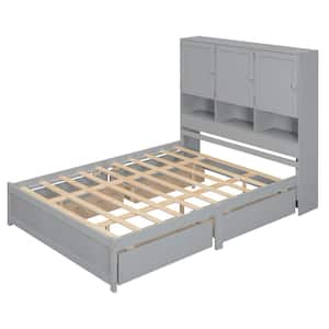 Gray Wood Frame Queen Size Platform Bed with Storage Headboard and Drawer