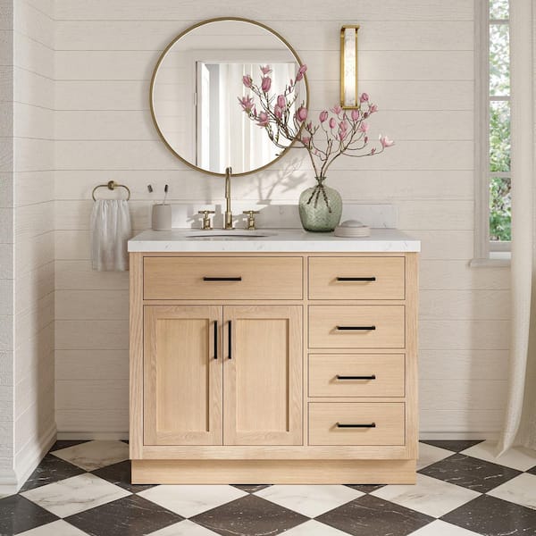 ARIEL Hepburn 42 in. Single Sink Freestanding Bathroom Vanity in Oak with Carrara White Quartz Top