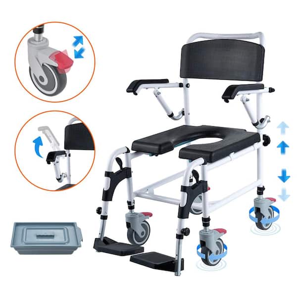 Shower Commode Wheelchair Toilet Seat with 4 Wheels Footrests Flip Arms 3-Level Adjustable Height 5 L Removable Bucket