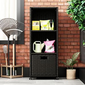 Brown 39.4 in. H Rattan Weaved Accent Cabinet Office Storage Cabinet with 2 Open Shelves, 1-Drawer and 4 Wheels