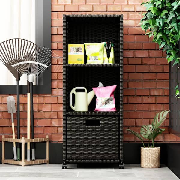 FUFU&GAGA Brown 39.4 in. H Rattan Weaved Accent Cabinet Office Storage Cabinet with 2 Open Shelves, 1-Drawer and 4 Wheels