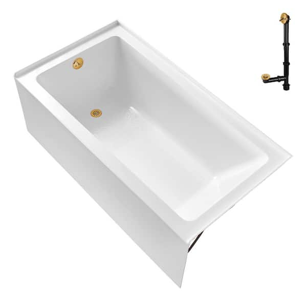 60 in. x 30 in. Acrylic Soaking Alcove Bathtub in Glossy White with Left-Hand Drain in Brushed Gold