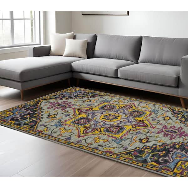 8 ft. x 10 ft. Gray Purple And Gold Wool Medallion Hand Tufted Area Rug