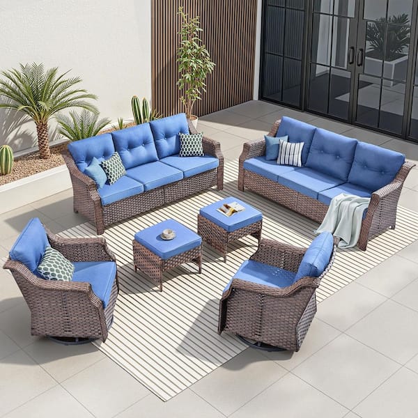 Buenaola 7-Piece Wicker Patio Conversation Set with Swivel Rocking Chairs, Outdoor Couch Seating Set with Blue Cushions
