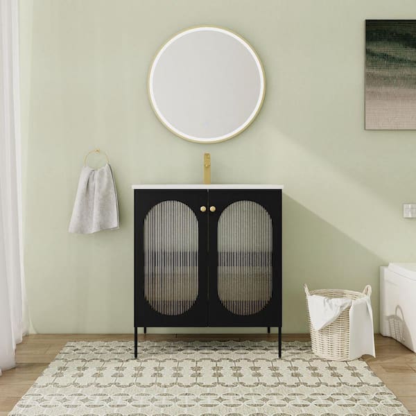 30 in. Freestanding Single Black Bath Vanity with White Ceramic Top Unassembled