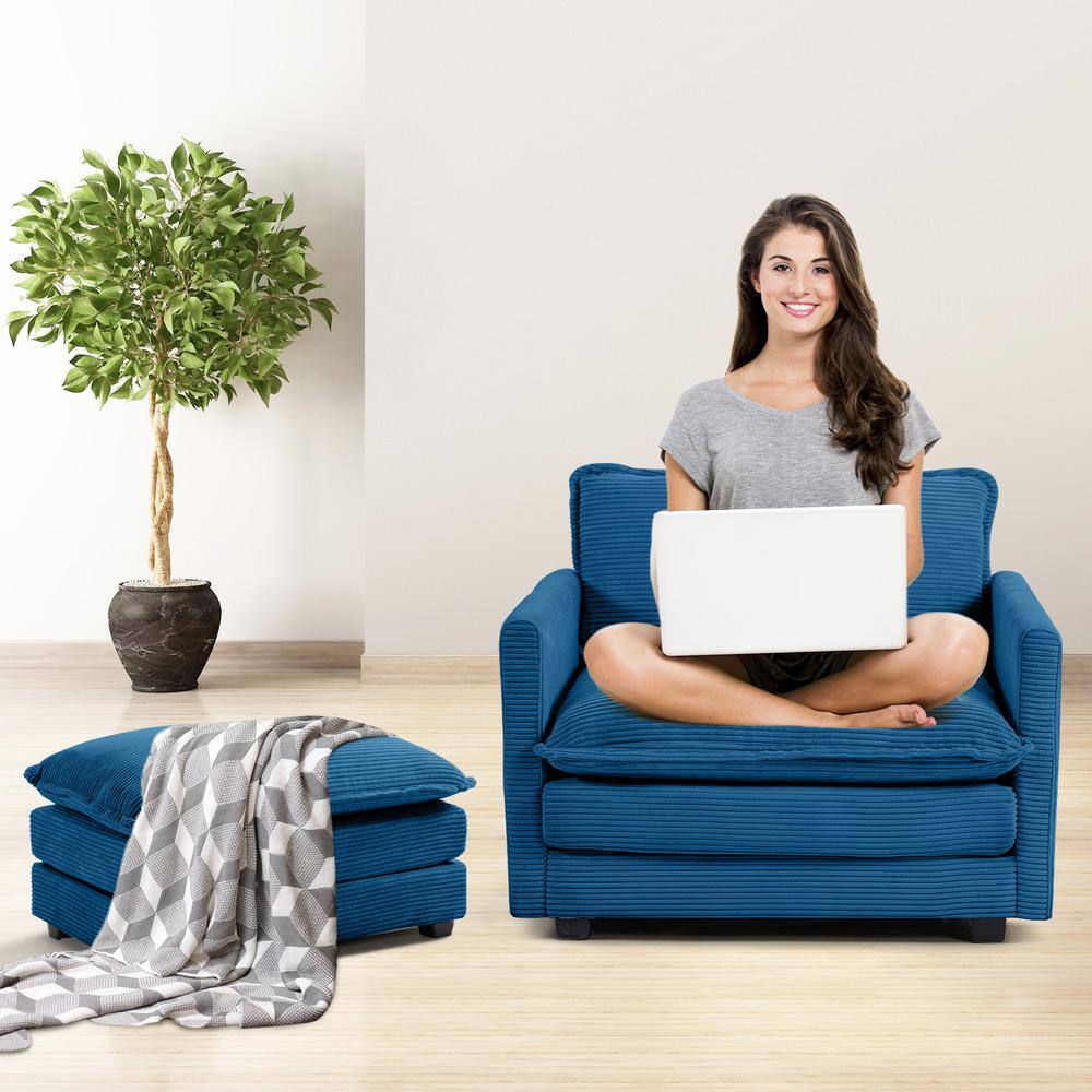 Navy Corduroy Metal Frame Accent Chair with Ottoman