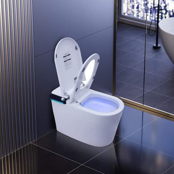Elongated Electric Smart Bidet Toilet 1.28 GPF in White with Foot Sensor Flush, LED Display, Warm Water Wash, Dryer