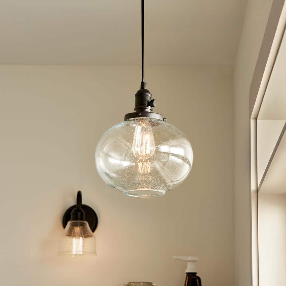 Avery 9.75 in. 1-Light Black Farmhouse Shaded Kitchen Globe Mini Pendant Light with Clear Seeded Glass price history on PriceWatchPro