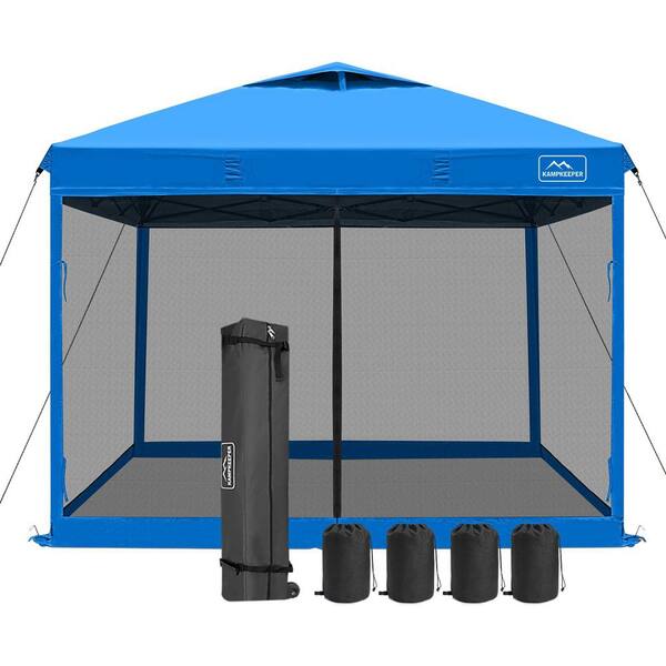 Unbranded 10 ft. x 10 ft. Pop Up Canopy Tent with Mesh Side Walls, 4 Sandbags, 1 Roller Bag, Large Shade, (Blue Vented Top)