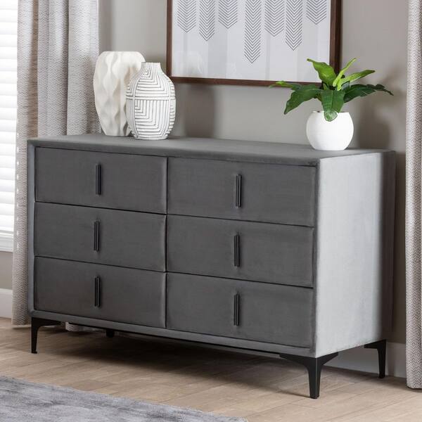 Baxton Studio Etienne Slate Grey Velvet 6-Drawer 47.2 in. Dresser