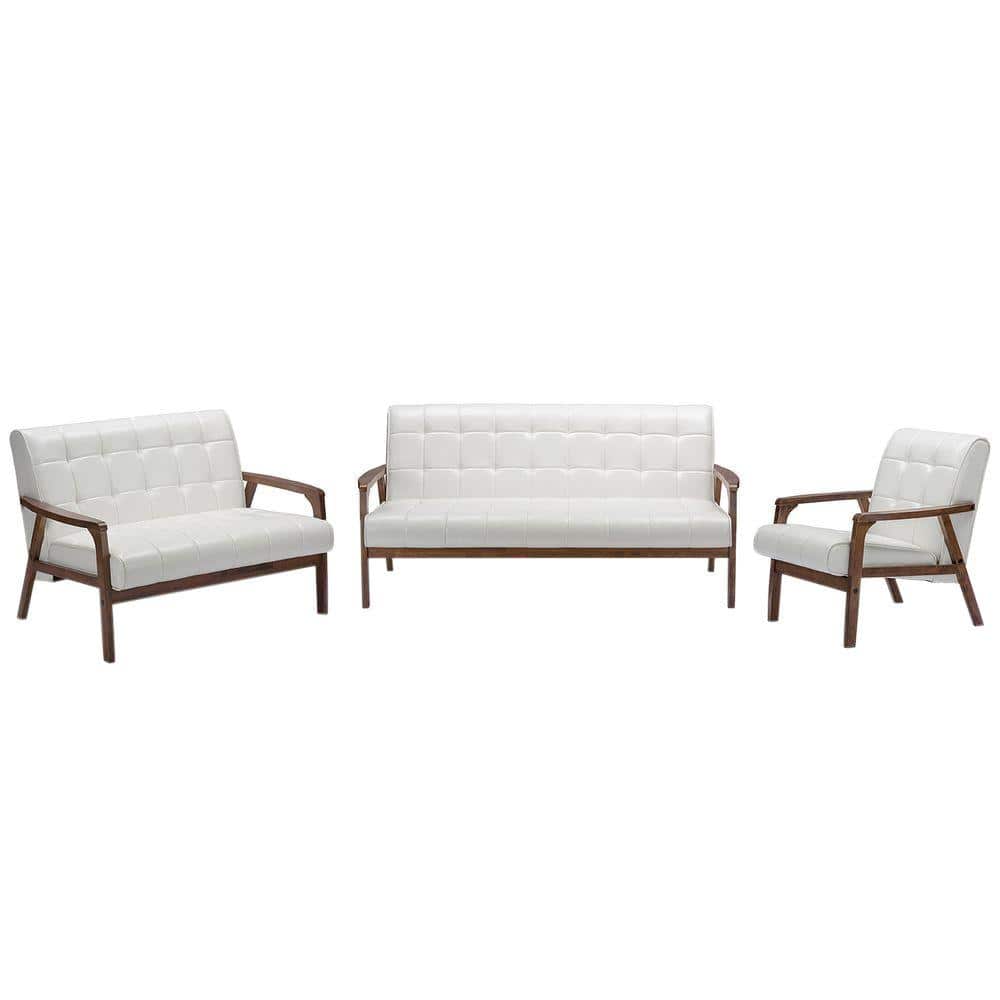 Mid-Century Flared Arm White Faux Leather Loveseat