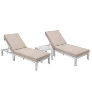 Chelsea Modern Weathered Grey Aluminum Outdoor Patio Chaise Lounge Chair with Side Table and Beige Cushions Set of 2