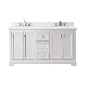 60.6 in. W x 22.4 in. D x 40.7 in. H Double Sink Freestanding Bath Vanity in White with White Natural Marble Top