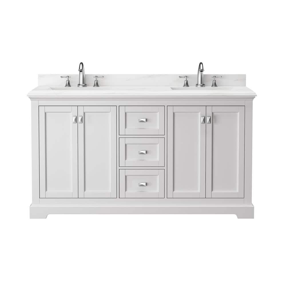 60'' White Double Freestanding Bathroom Vanity with Marble Top