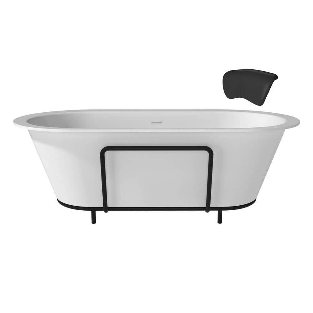 Matte White 67" Freestanding Soaking Bathtub with Black Pillow