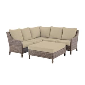 Windsor 4-Piece Brown Wicker Outdoor Patio Sectional Sofa with Ottoman and CushionGuard Putty Tan Cushions