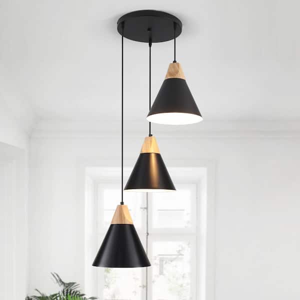 LWYTJO Kairah 3-Light Black Modern Nordic Timber Style Wooden Pendant Light with Cone Metal Shade