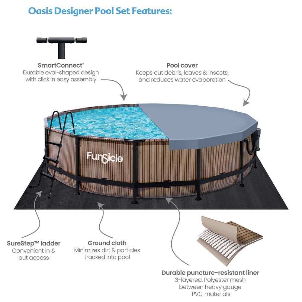 14ft Round Natural Teak Metal Frame Above Ground Pool with Filter Pump