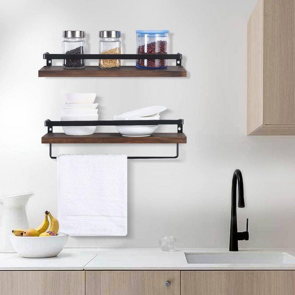 Brown Wood Floating Wall Shelves with Towel Rack