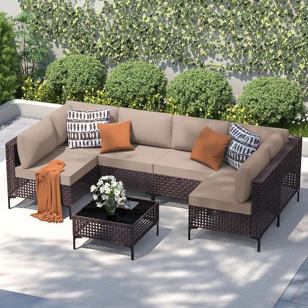Halmuz 7-Piece Brown Wicker Outdoor Furniture Sectional Set, with Glass Coffee Table and Sand Cushions
