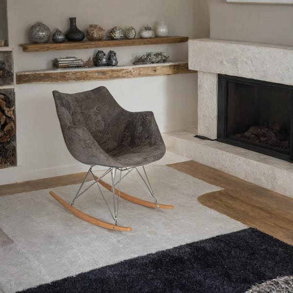 Leisuremod Accent Rocking Chair Upholstered in Polyester Velvet with Ash Wood Dowel Base Curved Back in Cedar Brown/Velvet