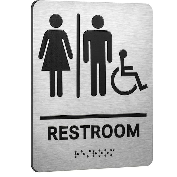 Brushed Aluminum ADA Raised Braille Restroom Signage Unisex Bathroom Sign Self-Adhesive Wheelchair Accessible