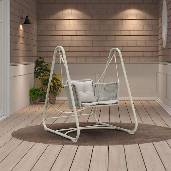 Cloud Swing Chair with Stand Patio Wicker Bench Loveseat Outdoor Porch Swing, Cushion and Pillows Included, Cream