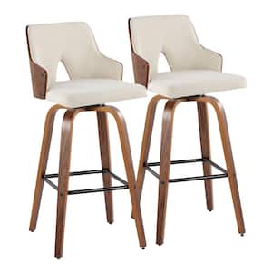 Stella 29.75 in. Cream Fabric, Walnut Wood and Black Metal Fixed-Height Bar Stool Square Footrest (Set of 2)