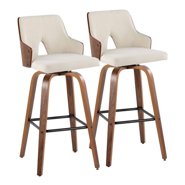 Lumisource Stella 29.75 in. Cream Fabric, Walnut Wood and Black Metal Fixed-Height Bar Stool Square Footrest (Set of 2)