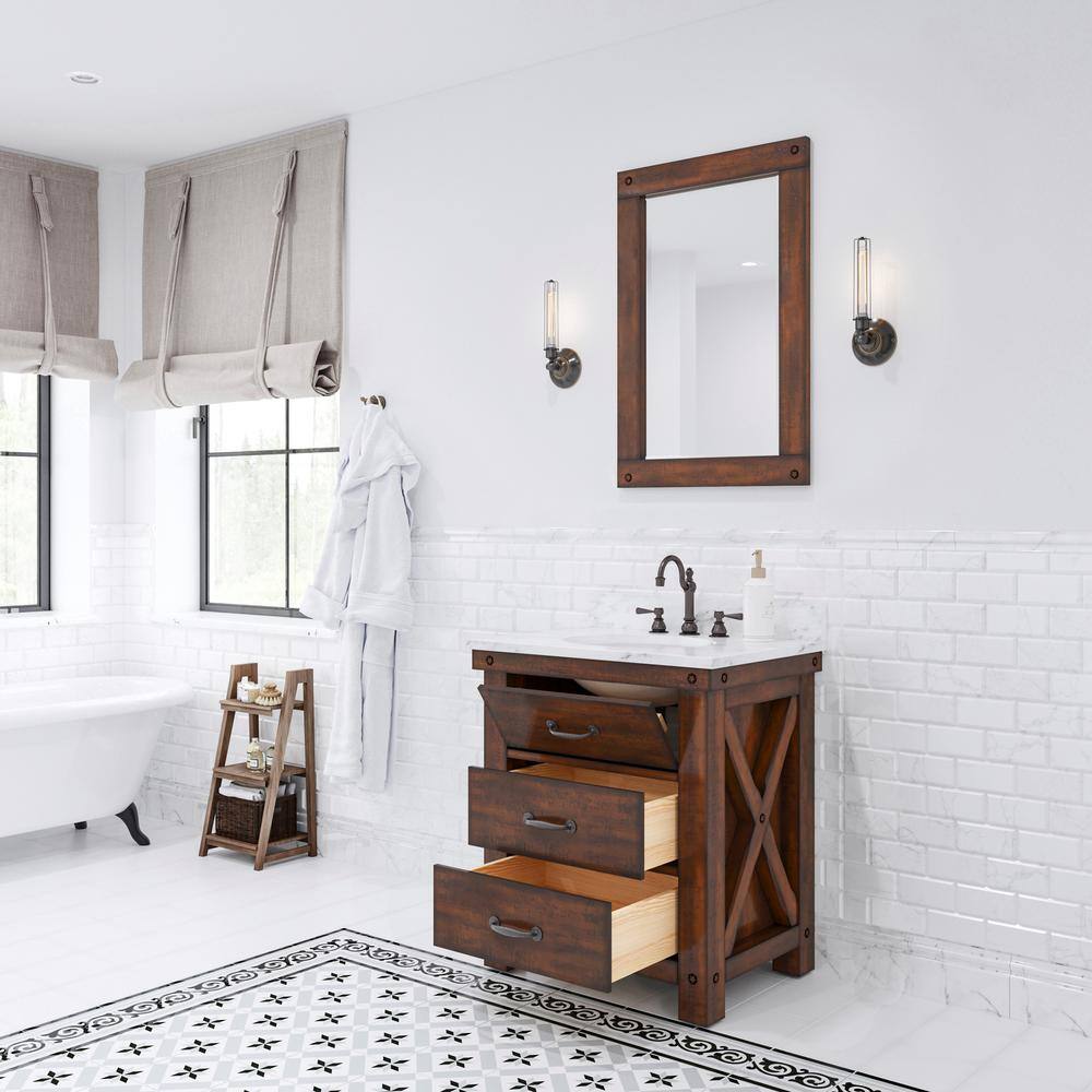 Rustic Sienna 30'' Single Vanity with Carrara White Marble Top