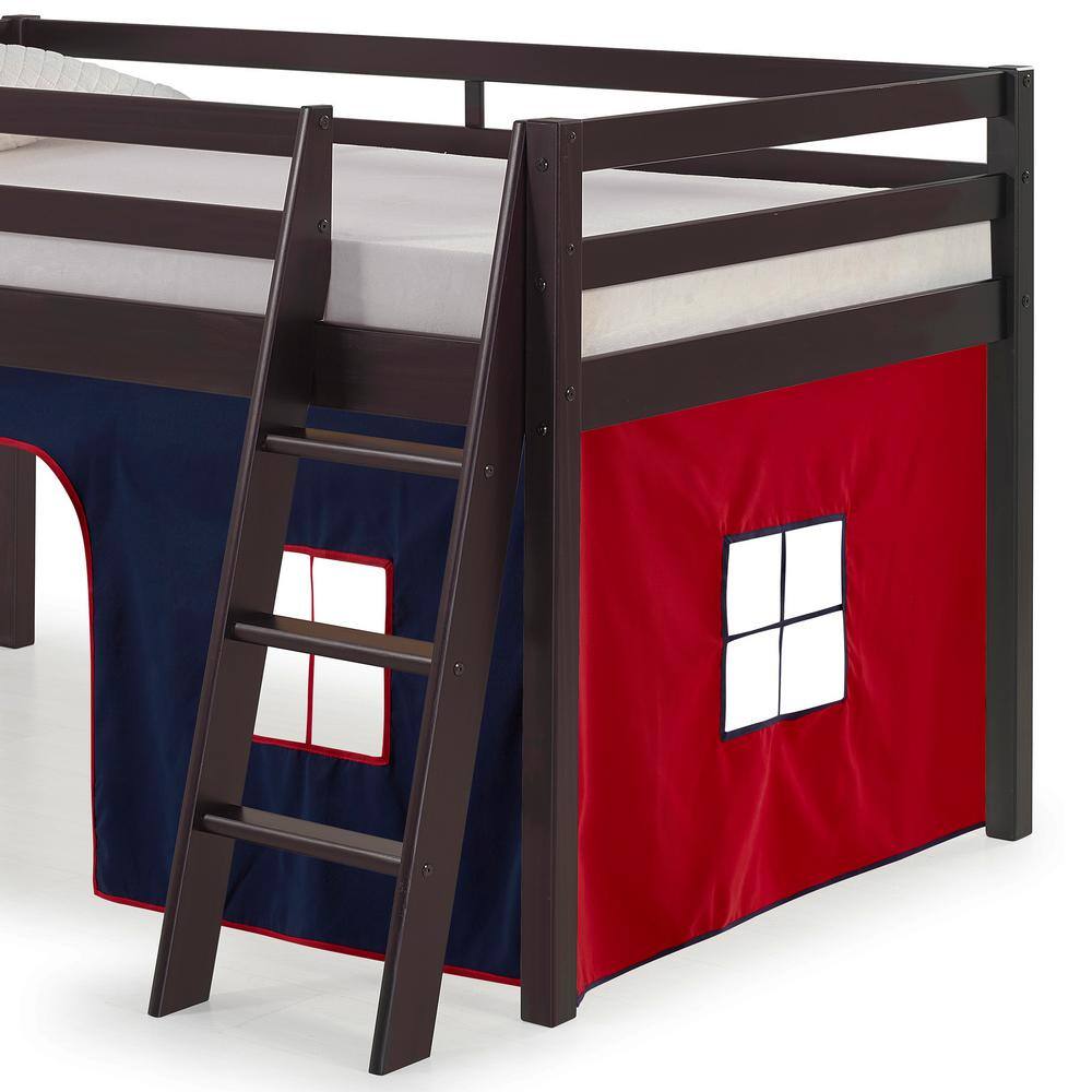 Espresso Pine Twin Loft Bed with Blue and Red Tent